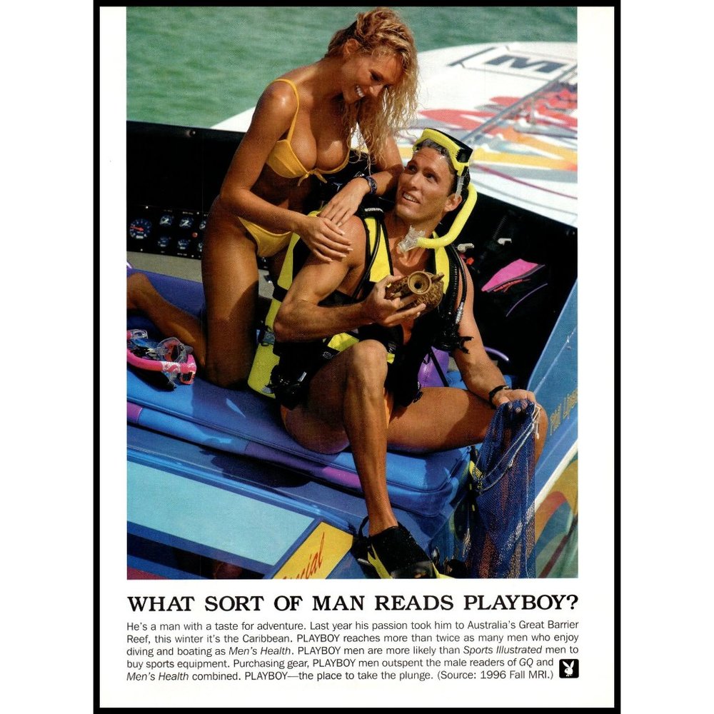 1997 What Sort of Man Read Playboy Vintage Print Ad Snorkeling Blonde Bikini Art